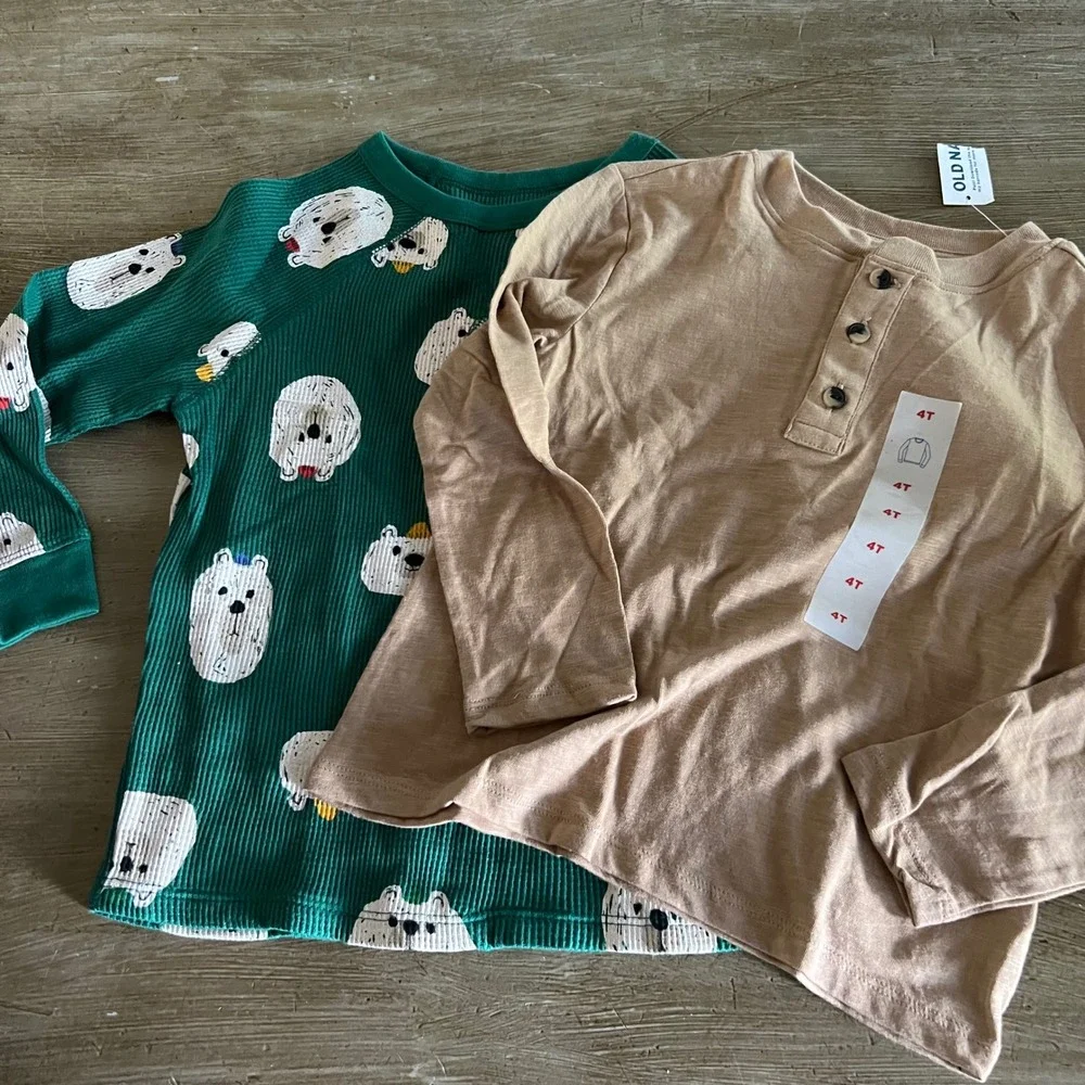 NEW Old Navy Boys 4T Green Polar Bear Waffle Thermal and Tan Henley 2pc Lot